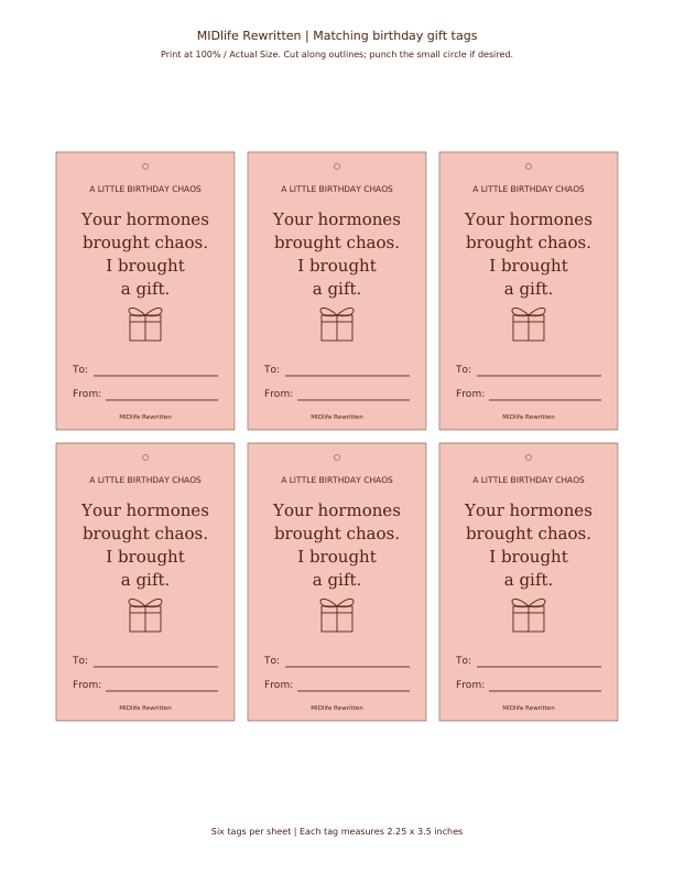 Six printable birthday gift tags with To and From lines