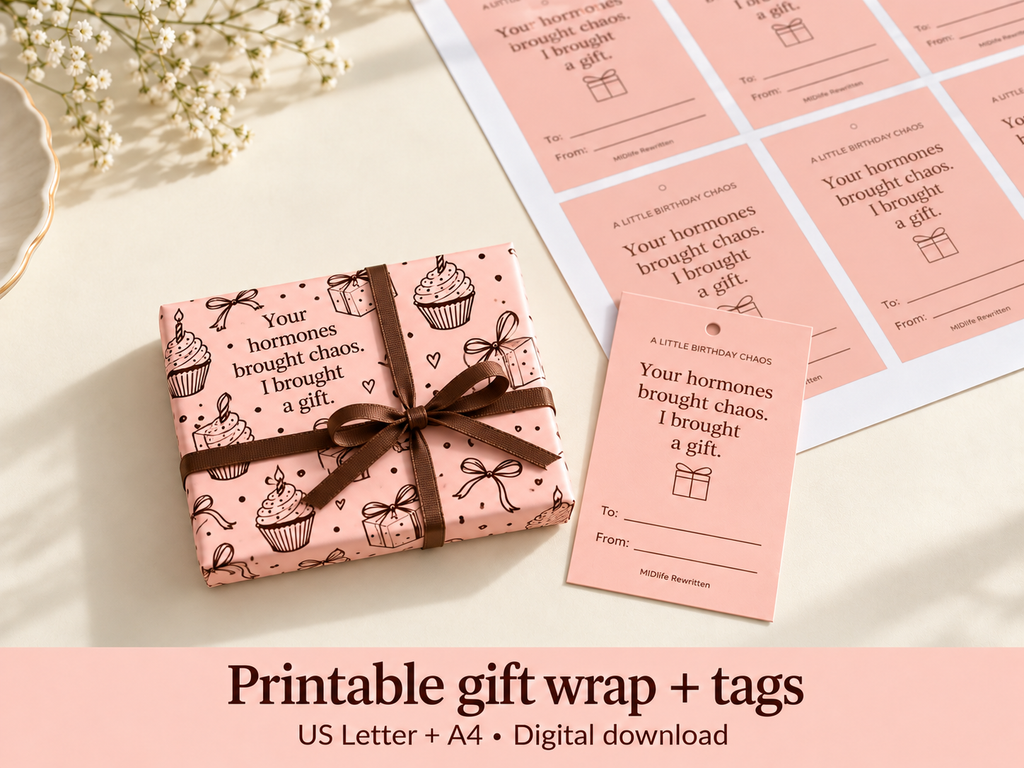 Printable pink and brown birthday wrapping paper with matching gift tags; small gift mockup