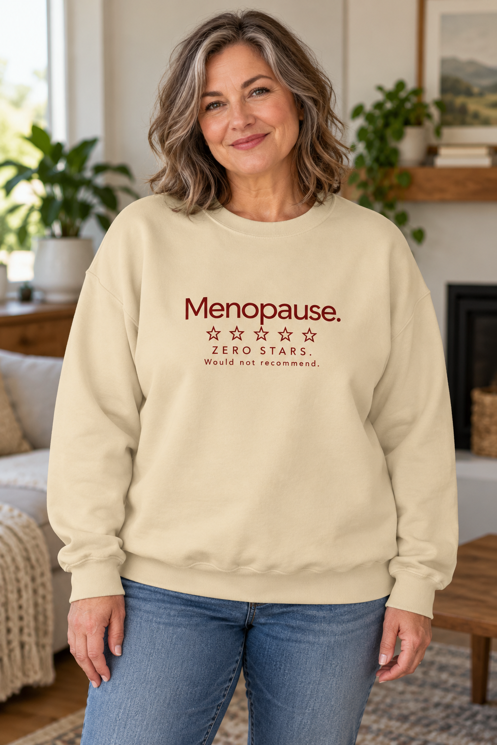 AI-generated model mockup: woman wearing Sand Menopause Zero Stars crewneck sweatshirt