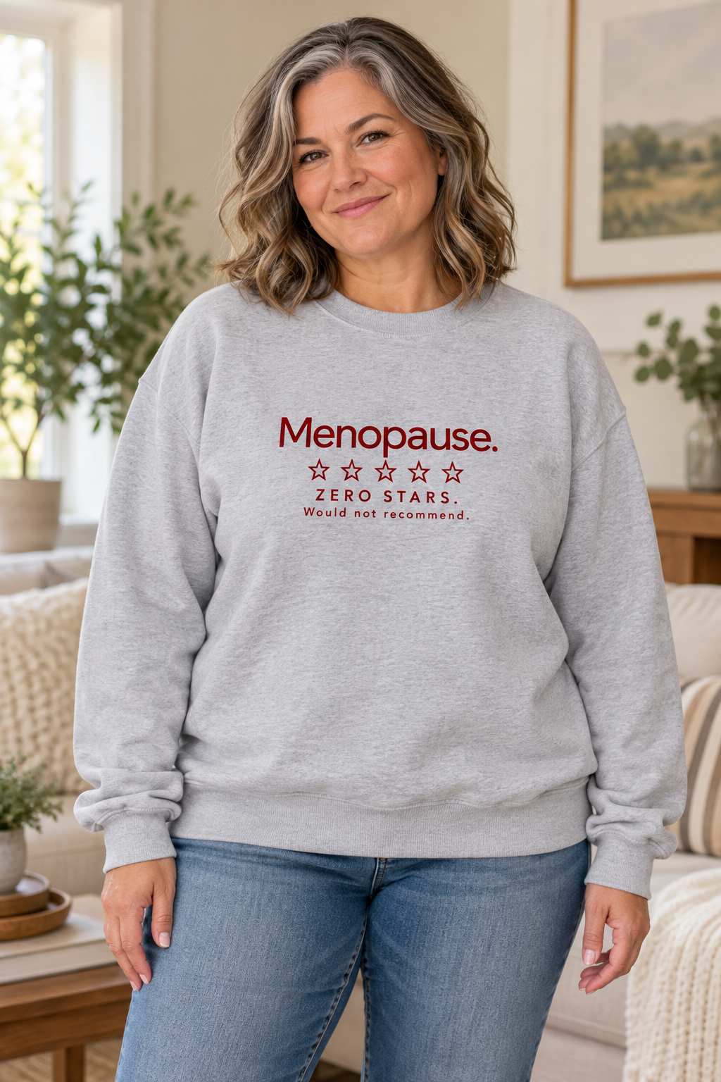 AI-generated model mockup: woman wearing Sport Grey Menopause Zero Stars crewneck sweatshirt