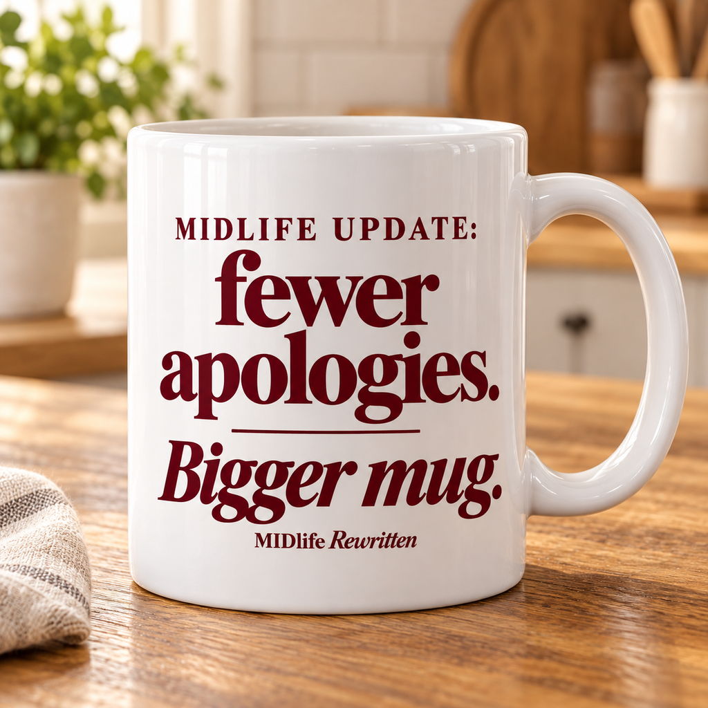 Midlife update: fewer apologies. Bigger mug. — styled mug preview
