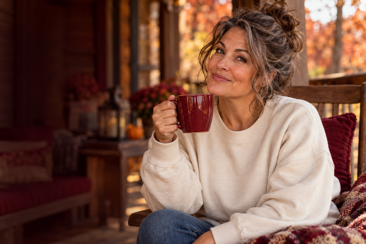 Midlife woman enjoying coffee on an autumn porch in a cream sweatshirt.
